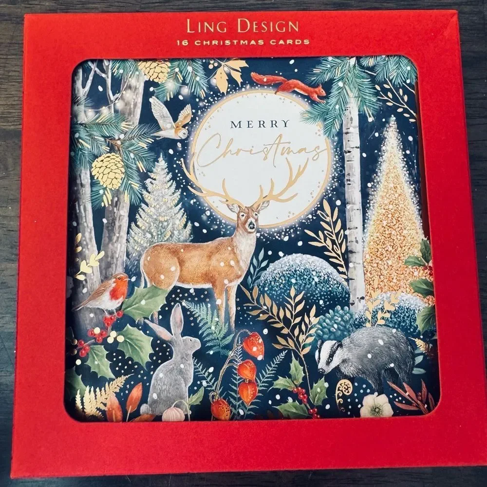 Merry Christmas Winter Forest Animals Botanical Holiday Greeting Cards Set